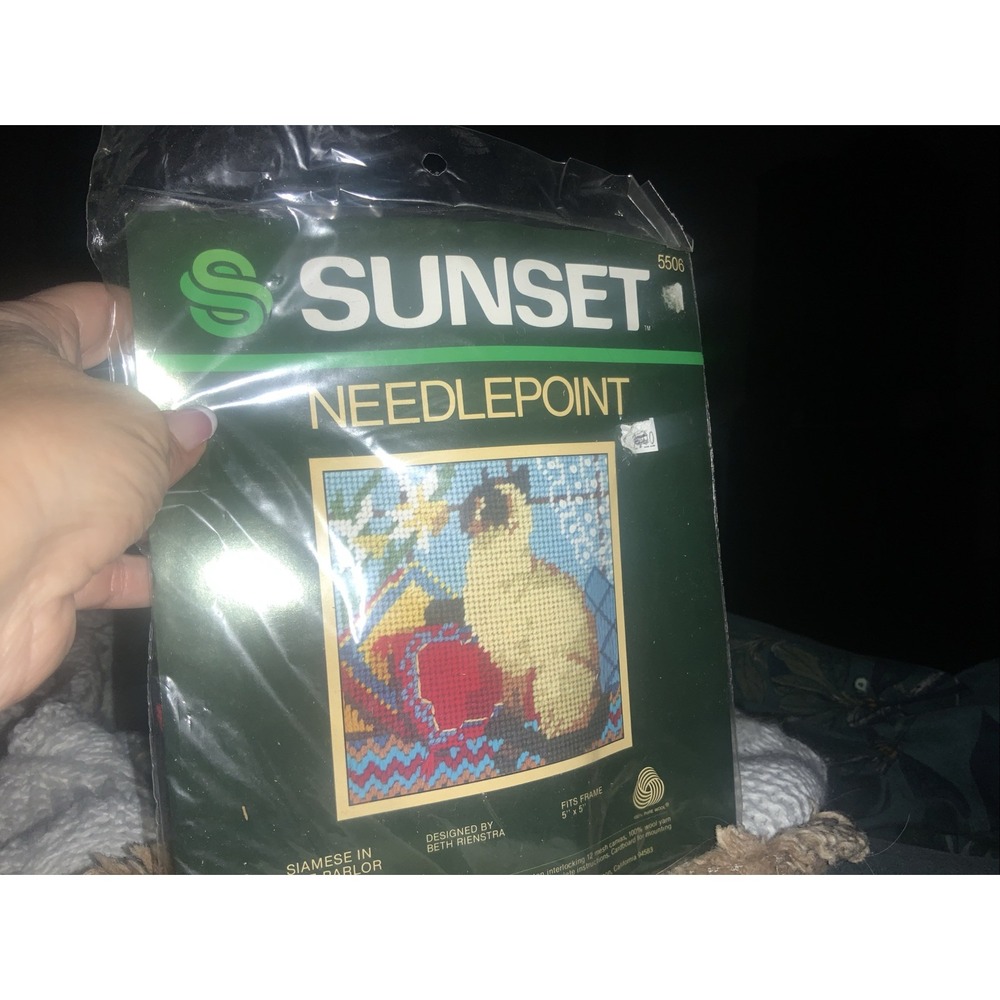 Sunset Needlepoint Kit Siamese in Parlor Beth Rienstra Vintage Cat Craft Kit
